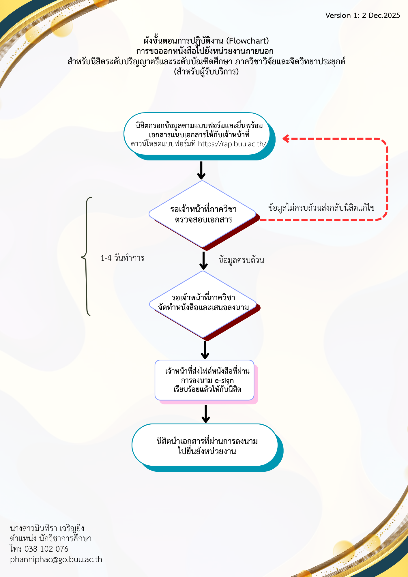 ปี 2569 | ผู้รับบริการ | มินทิรา เจริญยิ่ง | การขอออกหนังสือไปยังหน่วยงานภายนอก สำหรับนิสิตระดับปริญญาตรีและระดับบัณฑิตศึกษา ภาควิชาวิจัยและจิตวิทยาประยุกต์